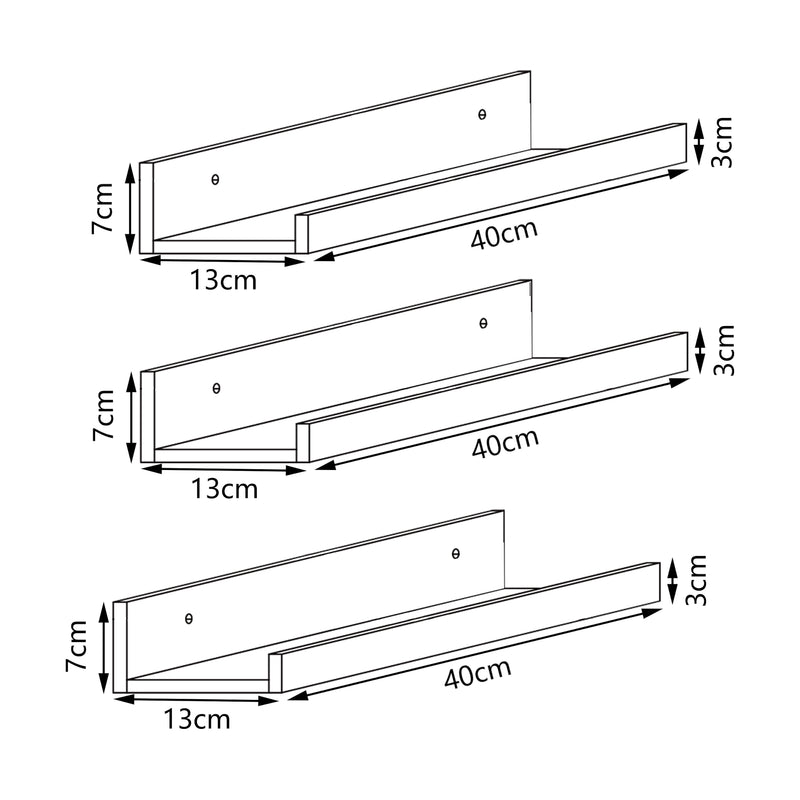 Maßskizze Wandregalset Gildeskål 3er Set 40x13x7cm Bambus [en.casa]