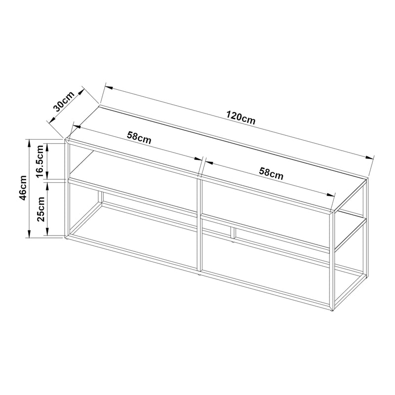 Maßskizze Fernsehtisch Solund 120x30x46cm Schwarz [en.casa]