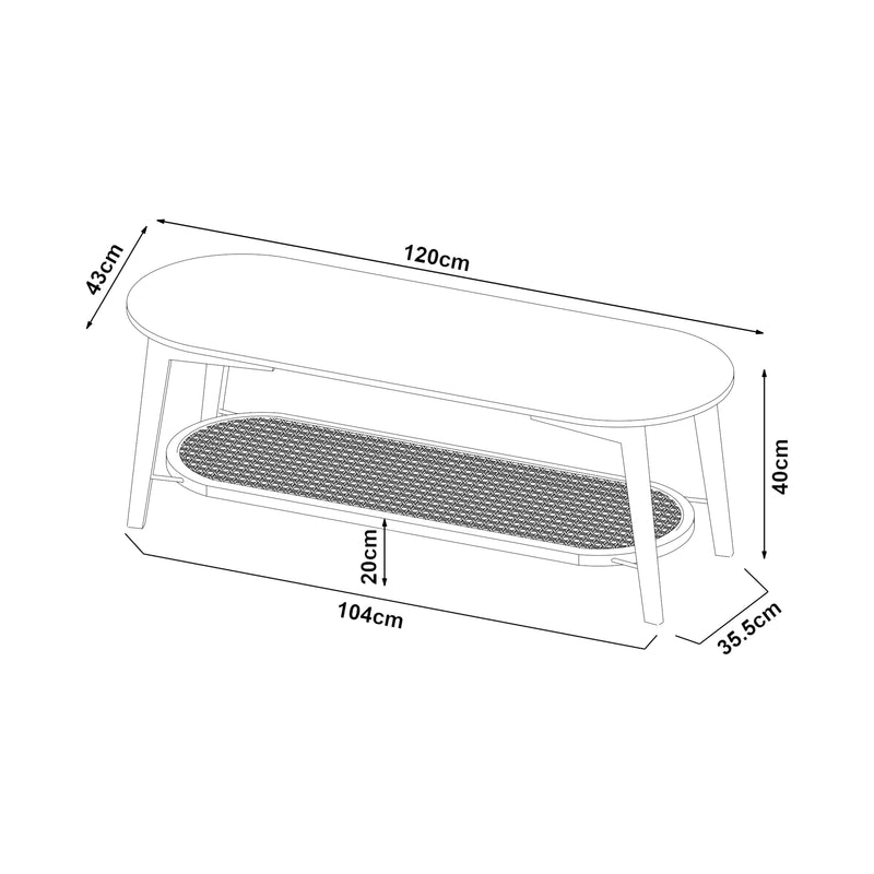 Maßskizze Couchtisch Taivalkoski 120x43x40 cm Schwarz/Rattanoptik [en.casa]