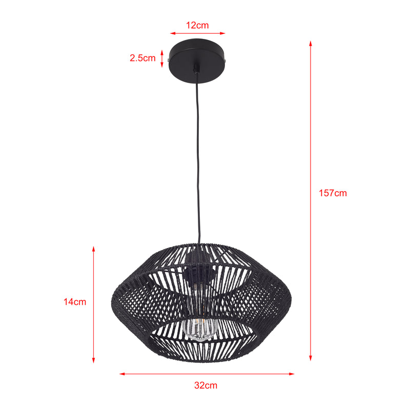 Maßskizze Hängeleuchte Amersham Metall+Rattan Schwarz [lux.pro]