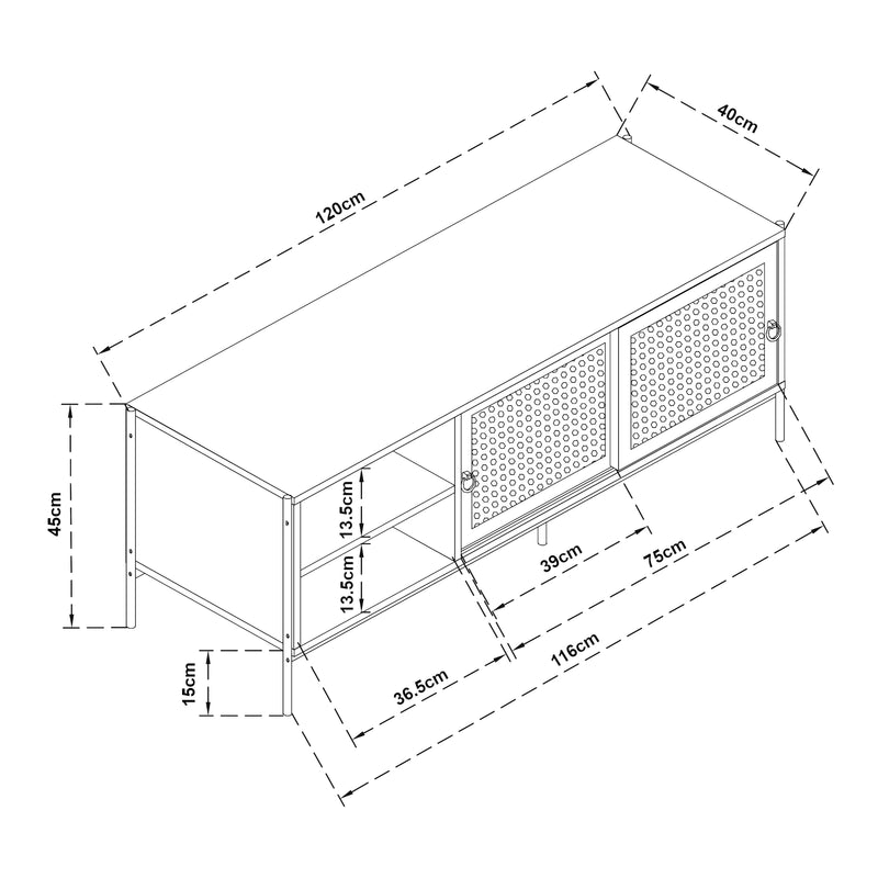 Maßskizze TV Schrank Tysnes 120x40x45 cm Eichenoptik/Schwarz [en.casa]