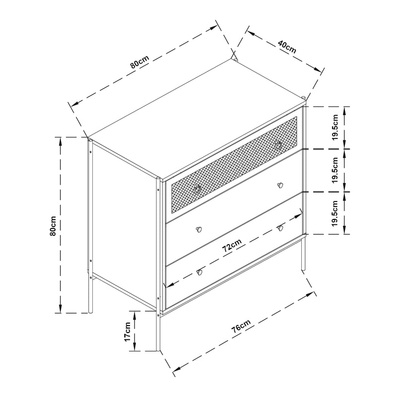 Maßskizze Kommode Tysnes mit 3 Schubladen 80x80x40 cm Eiche/Schwarz [en.casa]