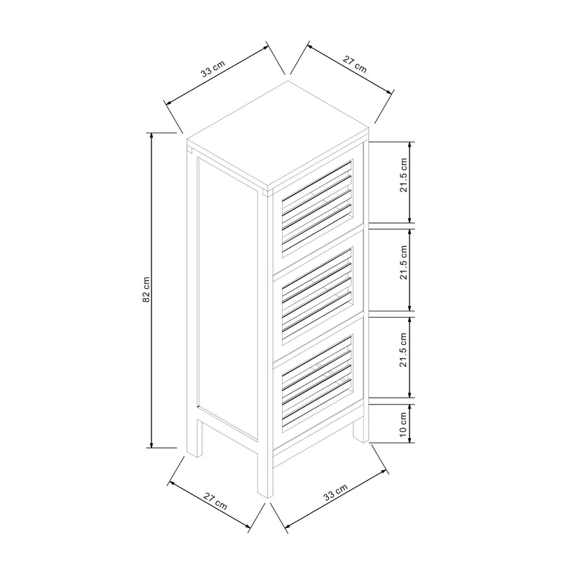 Maßskizze Beistellschrank mit 3 Türen Ypäjä 82x33x27 cm Bambus [en.casa]