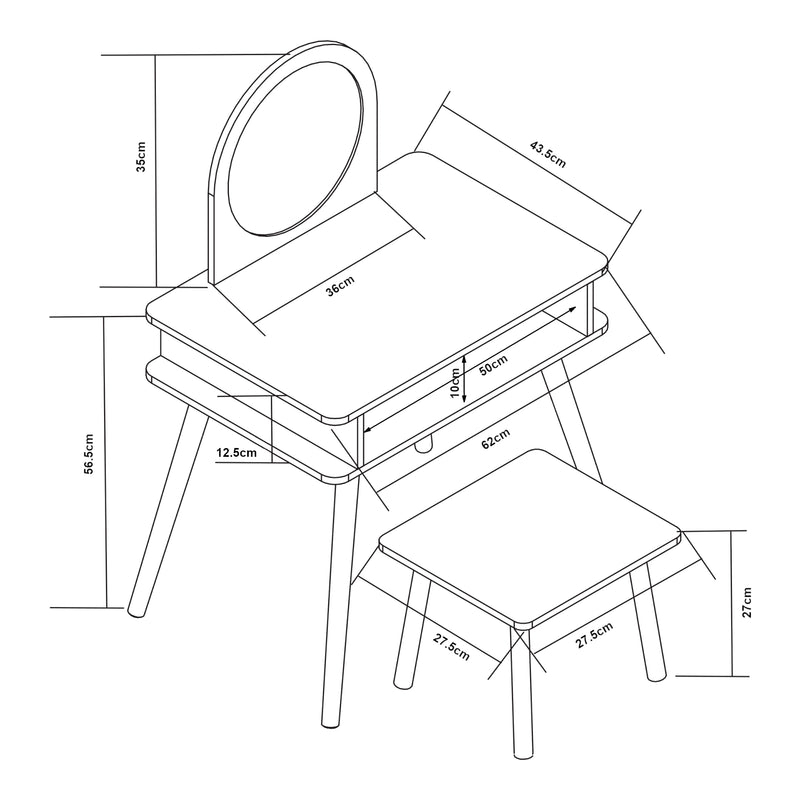 Maßskizze Kinderschminktisch mit Hocker Ovanåker Weiß/Natur [en.casa]