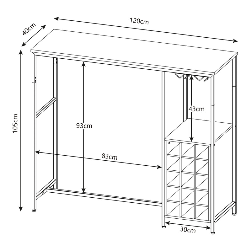Maßskizze Bartisch Trøndelag 120x40x105 cm mit Weinregal für 15 Flaschen [en.casa]