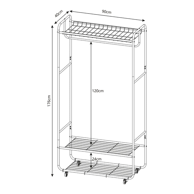 Maßskizze Rollbarer Garderobenständer Vestvågøy 176x90x40 cm Schwarz [en.casa]