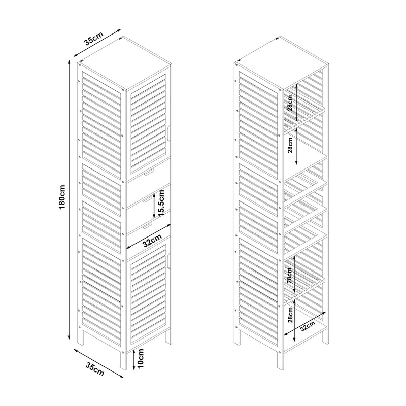 Maßskizze Hochschrank Boksereys 180x35x35 cm Bambus [en.casa]