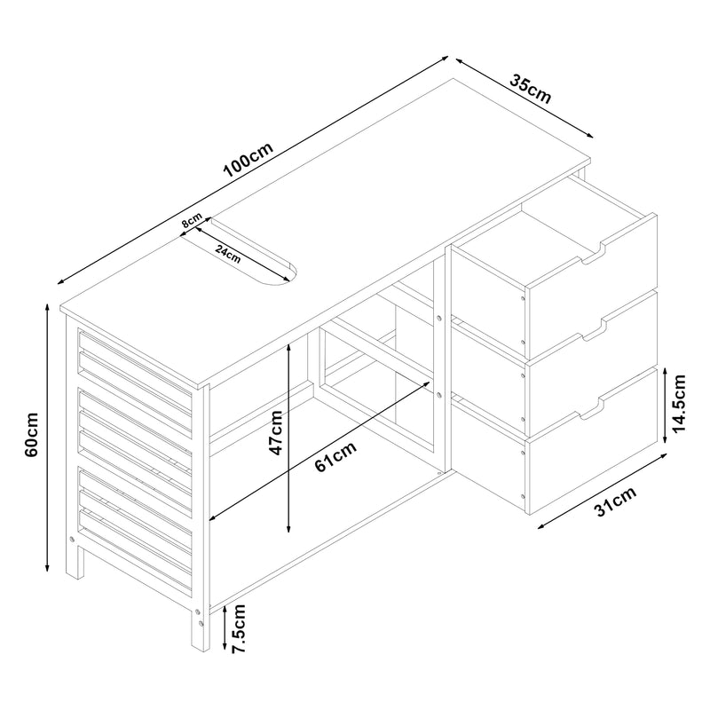 Maßskizze Waschbeckenunterschrank Boksereys 60x100x35 cm Bambus Natur [en.casa]