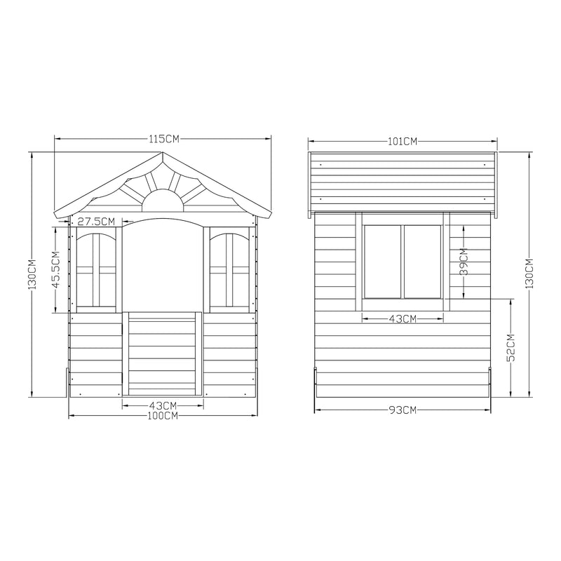 Maßskizze Kinderspielhaus Lulä Spielhütte 130x115x101 cm Holz [casa.pro]