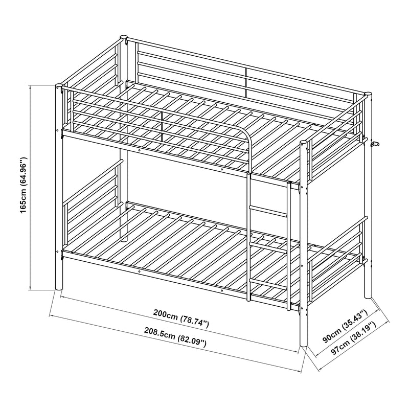 Maßskizze Metall-Etagenbett Soppsar mit 2 Matratzen 200x90 cm Silber [en.casa]