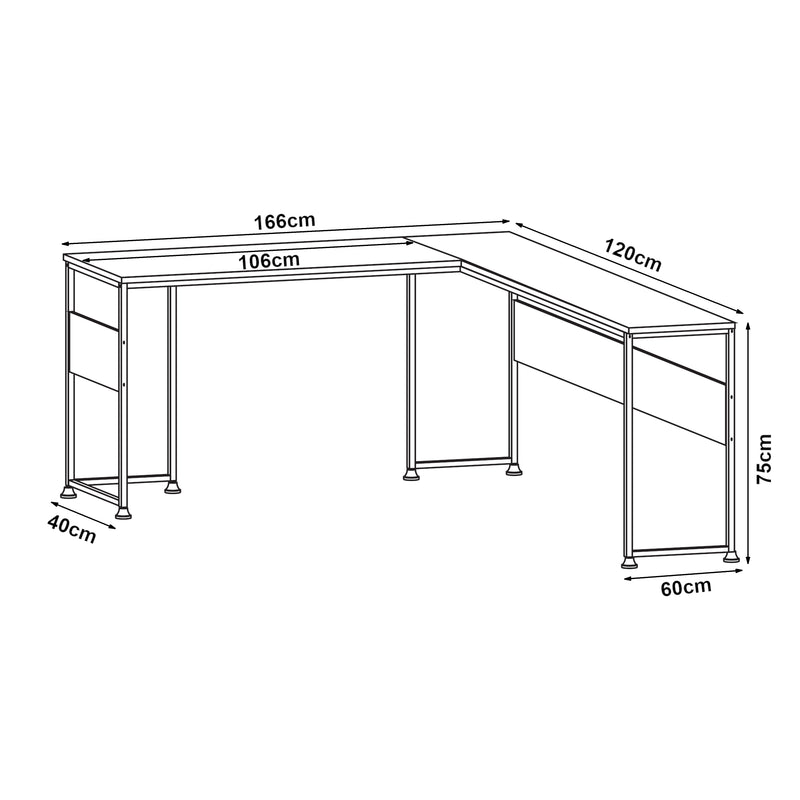 Maßskizze Schreibtisch Karlstang L-förmig 166x120x75 cm Hellgrau [en.casa]
