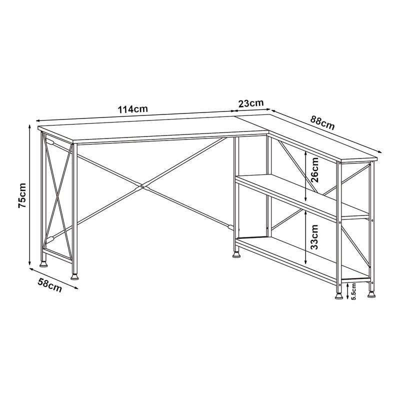 Maßskizze Schreibtisch Raundsvalt mit 1 Regal L-förmig 137x88x75 cm Schwarz [en.casa]