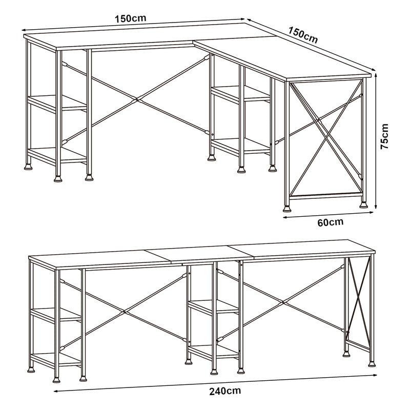 Maßskizze Schreibtisch Klirurud mit 2 Regalen L-förmig 150x150x75 cm Eicheoptik [en.casa]