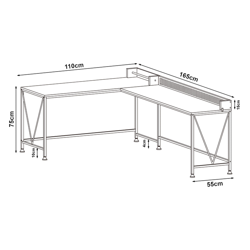 Maßskizze Schreibtisch Frelvepirg mit Rückwand L-förmig 165x110x75 cm Walnussoptik [en.casa]