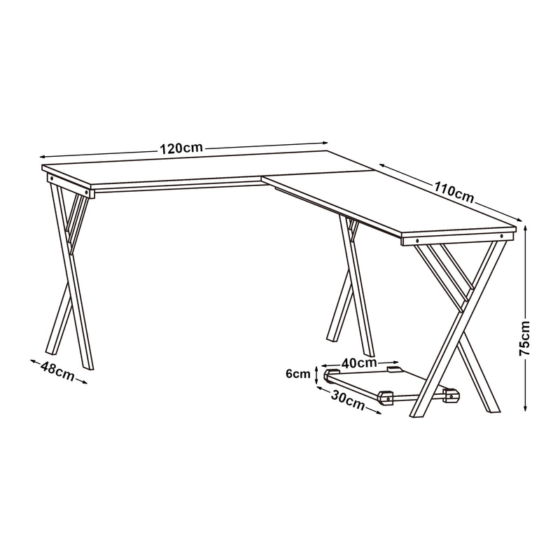 Maßskizze Schreibtisch Tarielarg mit PC-Ständer L-förmig 158x120x75 cm Eicheoptik [en.casa]