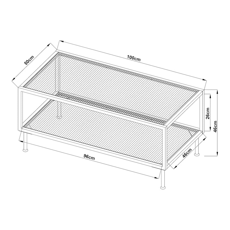 Maßskizze Couchtisch Lindau Stahl mit Glasplatte 100x50x46 cm Cremeweiß [en.casa]