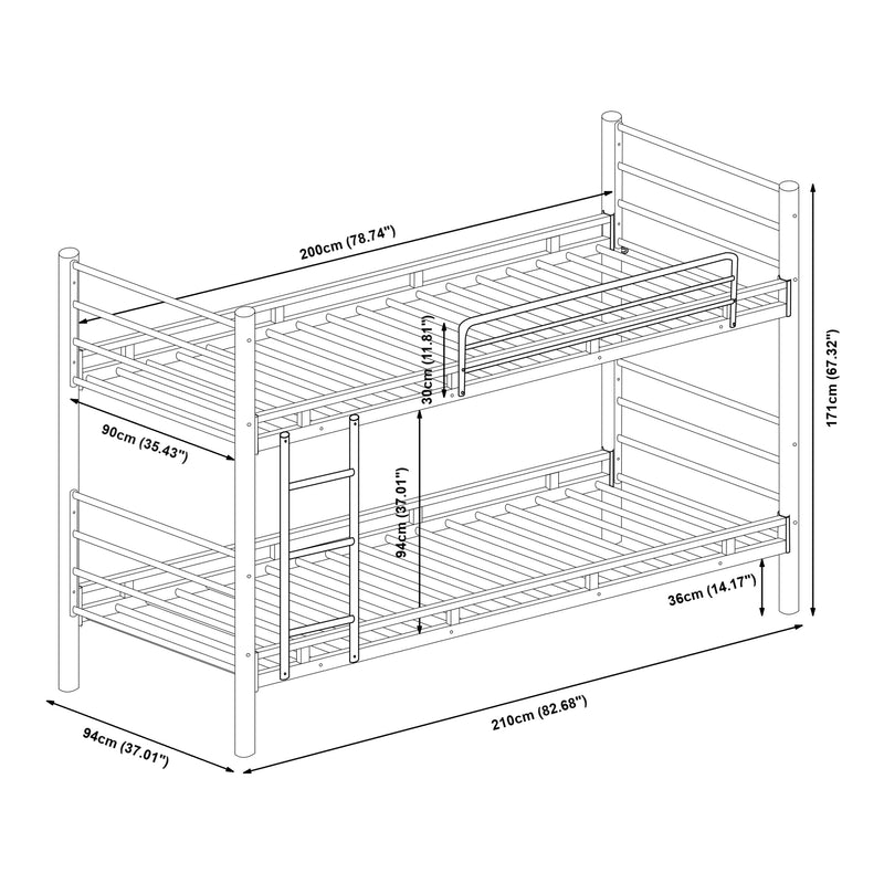 Maßskizze Metall-Etagenbett Bevapis 90x200 cm Schwarz [en.casa]