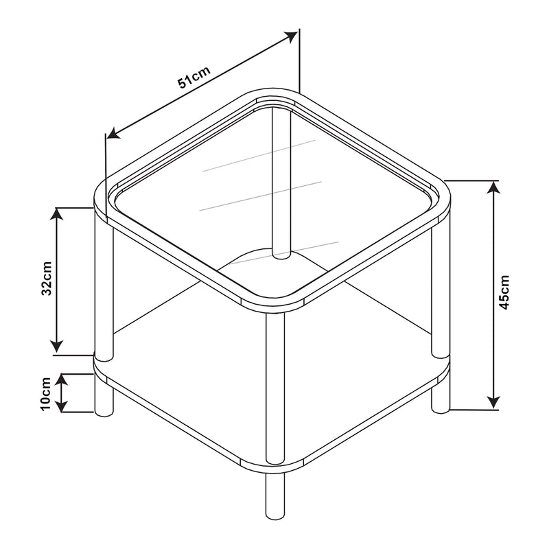 Maßskizze Beistelltisch Latama mit Glasplatte 51x51x45 cm Schwarz/Bronzeglas [en.casa]