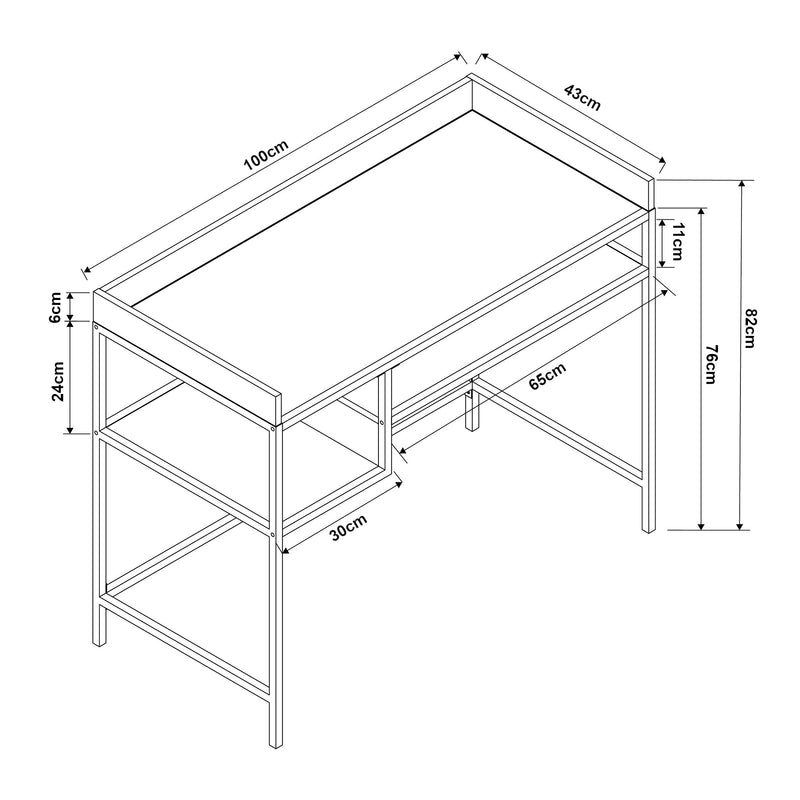Maßskizze Schreibtisch Belana 100x43x82 cm Schwarz/Eicheoptik [en.casa]