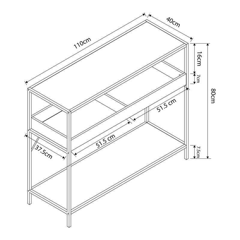 Maßskizze Konsolentisch Belana 110x40x80 cm Schwarz/Eicheoptik [en.casa]