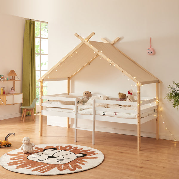 Hausbett Surnadal mit Matratze 90x200 cm Kiefernholz Weiß/Natur [en.casa]