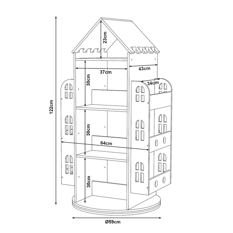 Maßskizze Drehbares Kinderregal Sanköre 122x64x43 cm Kiefernholz Natur [en.casa]
