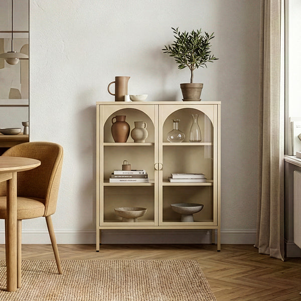 Vitrinen-Sideboard Klippestad Stahl 95x80x35 cm Kamelfarben [en.casa]