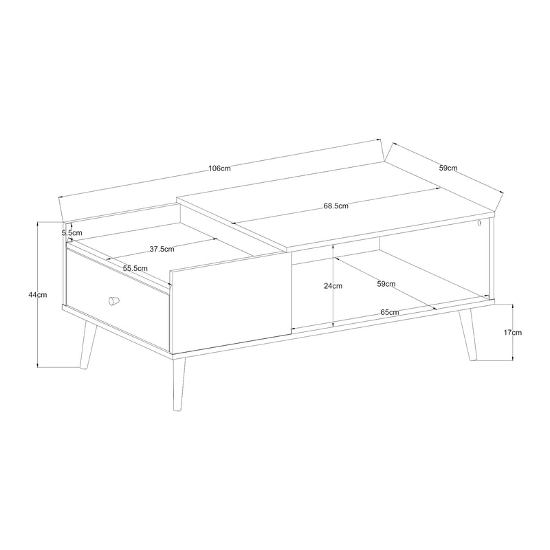 Maßskizze Couchtisch Hallevil mit Schublade 106x59x44 cm Hellgrau [en.casa]