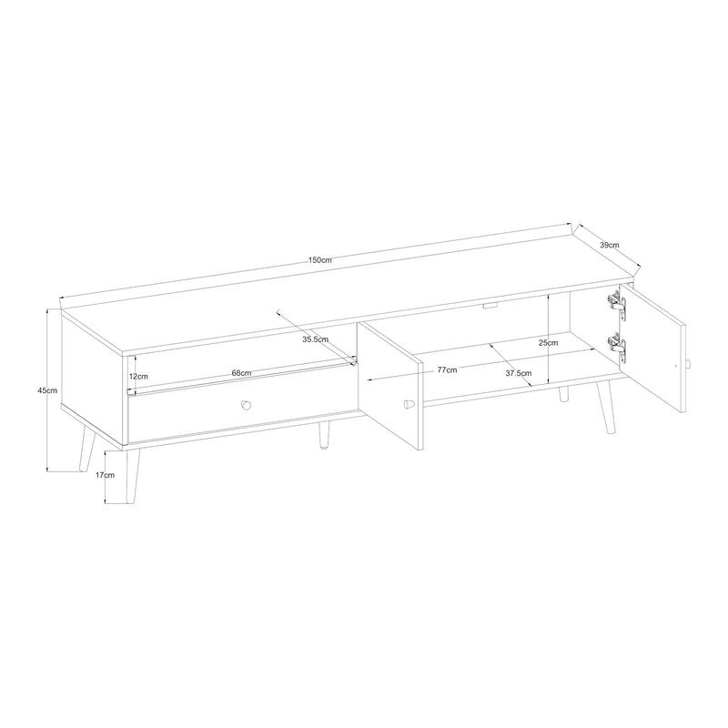 Maßskizze Fernsehschrank Hallevil 150x39x45 cm Hellgrau [en.casa]