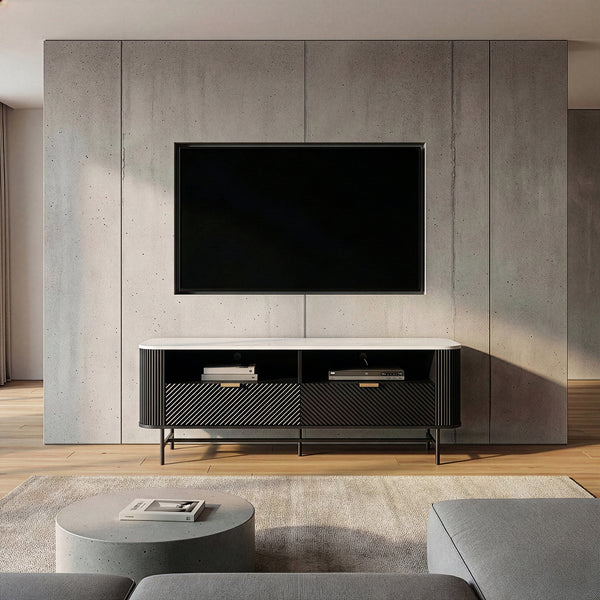 TV-Lowboard Olvehok 140x40x55 cm Schwarz/Marmoroptik, weiß [en.casa]