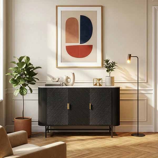 Sideboard Olvehok 110x40x77 cm Schwarz/Marmoroptik, weiß [en.casa]