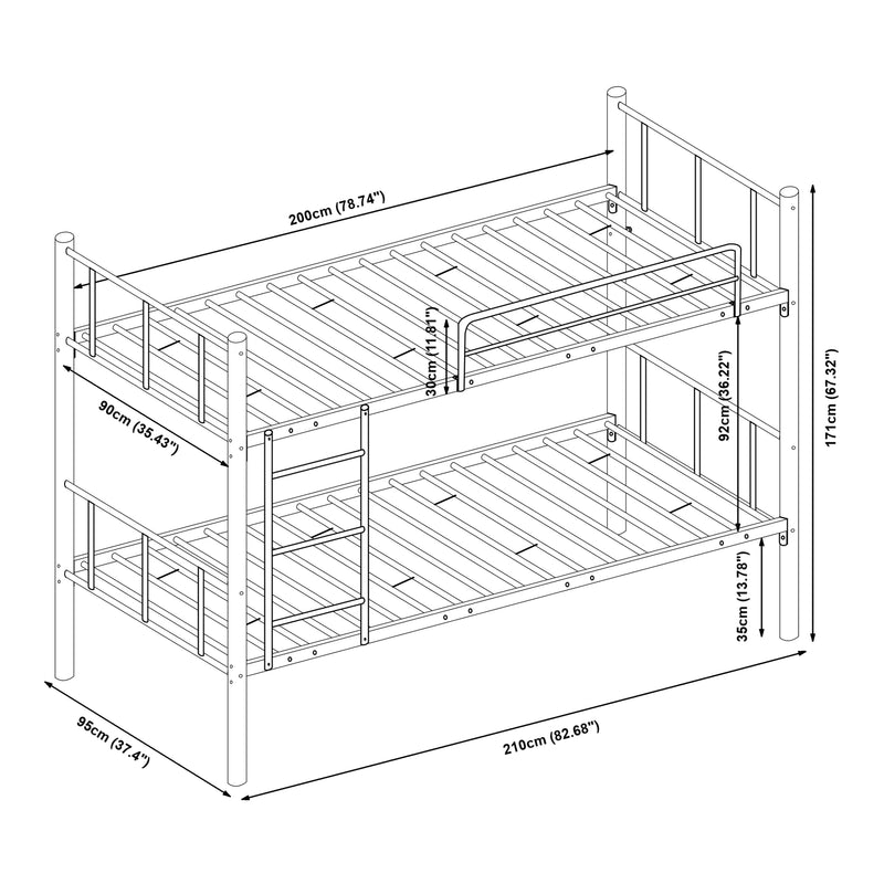 Maßskizze Metall-Etagenbett Berimma mit 2 Matratzen 90x200 cm Schwarz [en.casa]