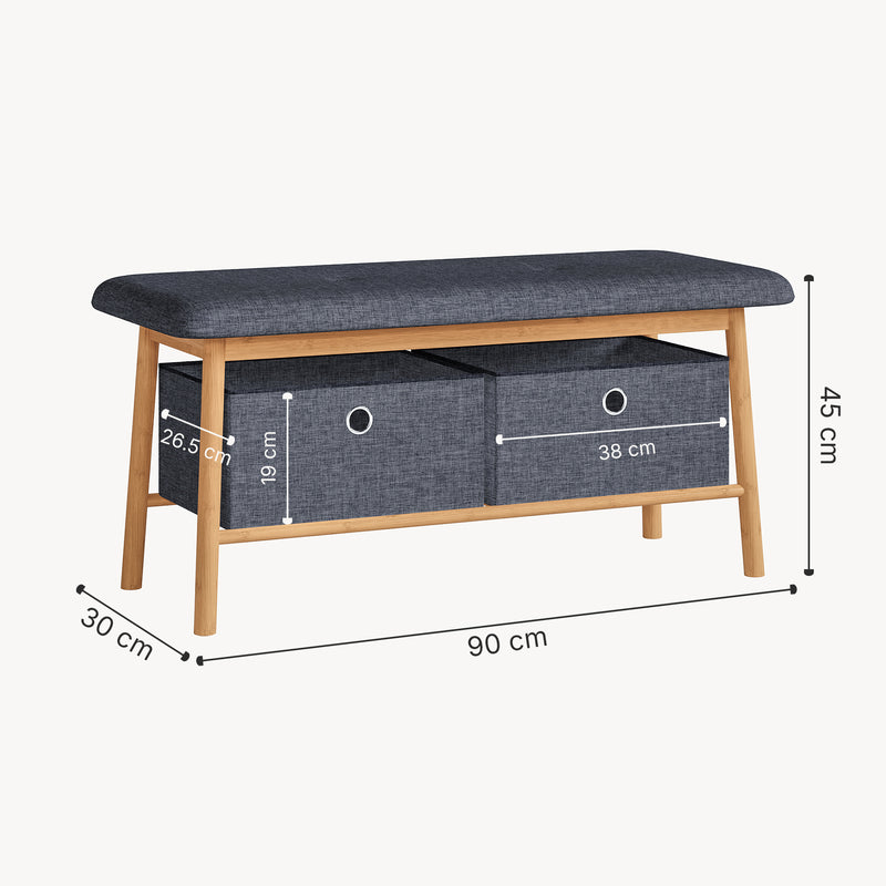 Maßskizze Sitzbank Vad mit 2 Aufbewahrungsboxen 90x30x45 cm Natur/Grau [en.casa]