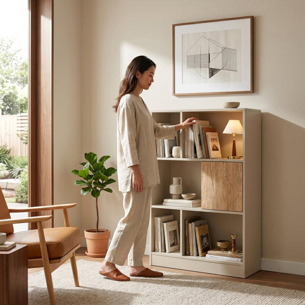 Bücherregal Karena 112x70x30 cm Cremeweiß/Eicheoptik [en.casa]
