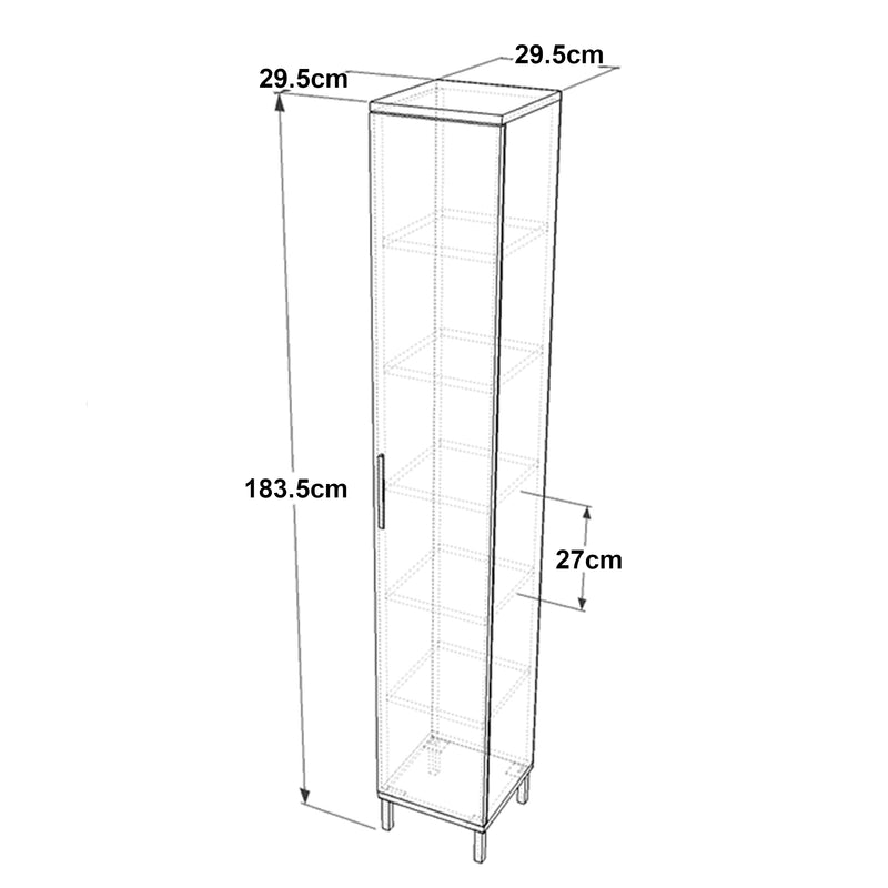 Maßskizze Hochschrank Lieto mit 6 Ablagefächern 183,5 x 29,5 x 29,5 cm Eiche grau [en.casa]