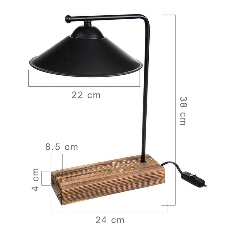 Maßskizze Tischleuchte Folkestone E27 Massivholz Metall Schwarz / Holz [lux.pro]