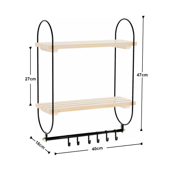 Wandregal Pielavesi mit 6 Haken Schwarz/Natur [en.casa]