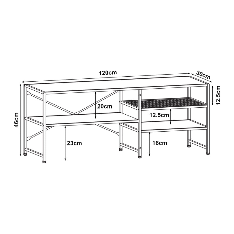 Maßskizze Fernsehtisch Västiarharg 120x30x46 cm Schwarz/Walnussoptik [en.casa]