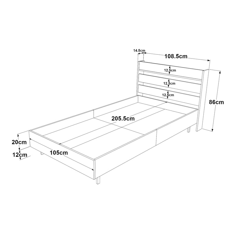 Maßskizze Einzelbett Kvænangen 100x200 cm Eiche-/Rattan-Optik [en.casa]