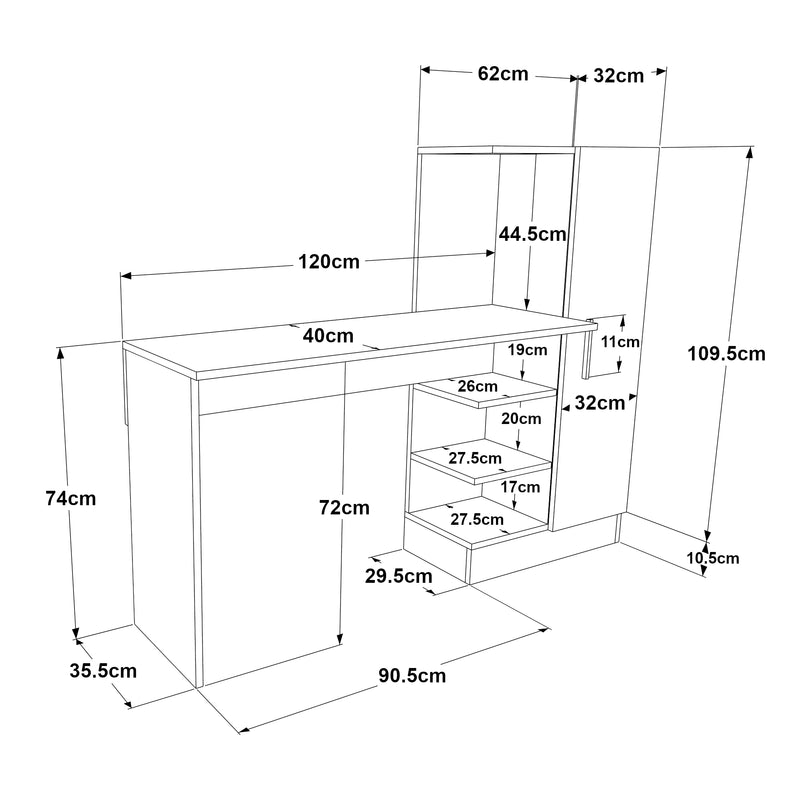 Maßskizze Schreibtisch mit Schrank Varhalo 120x153x40 cm Eichenoptik/Anthrazit [en.casa]