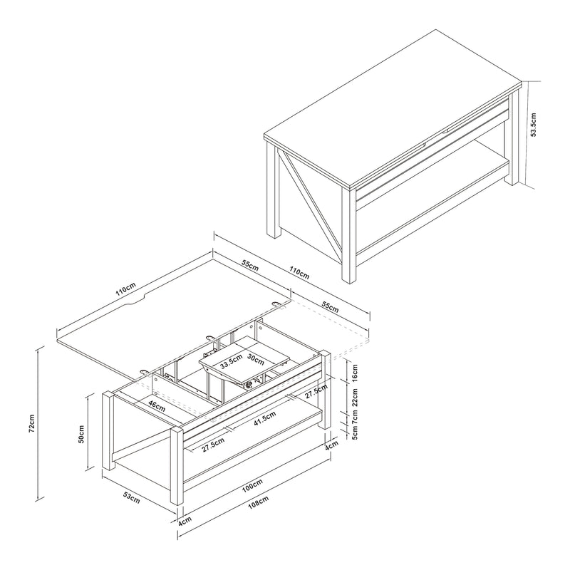 Maßskizze Couchtisch Kasama mit Hebeplatte und Stauraum 110x55x54 cm Walnussoptik/Weiß [en.casa]