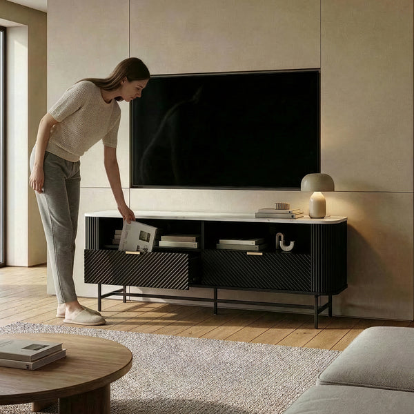 TV-Lowboard Olvehok 140x40x55 cm Schwarz/Marmoroptik, weiß [en.casa]