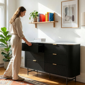 Kommode Olvehok 120x40x81 cm Schwarz/Marmoroptik, weiß [en.casa]