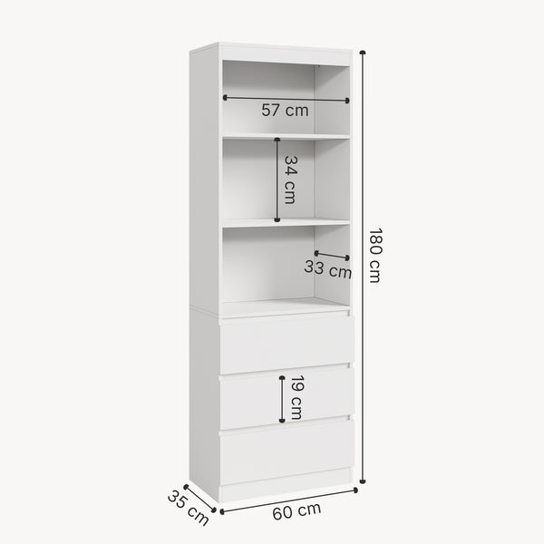 Bücherregal Les mit 3 Schubladen 180x60x35 cm Weiß [en.casa]