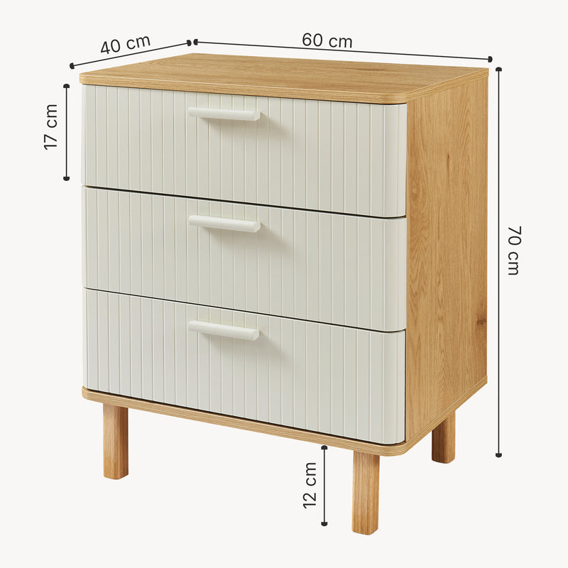 Maßskizze Kommode Ferrersp mit 3 Schubladen 70x60x40 cm Eicheoptik/Sandfarben [en.casa]