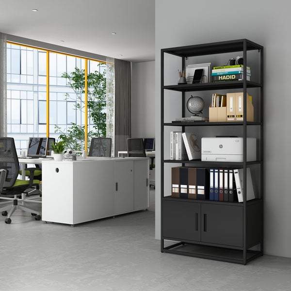 Bücherregal mit Schrank Hailuoto 80x40x180 cm Stahl Schwarz, matt [en.casa]