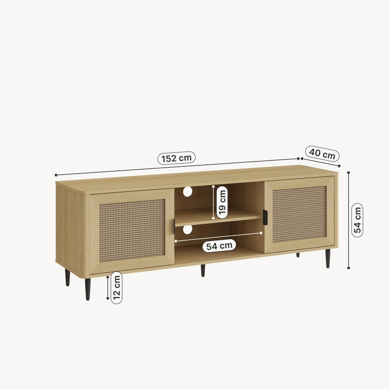 Maßskizze Fernsehschrank Lukhomso 152x40x54 cm Eicheoptik/Rattanoptik [en.casa]