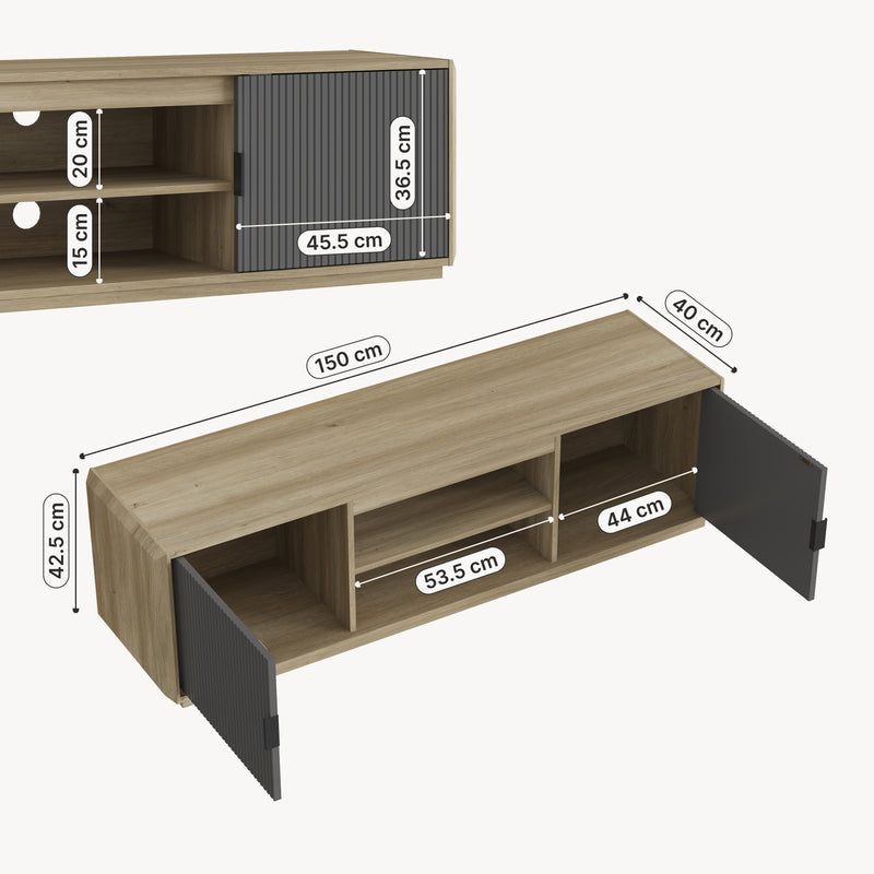 Maßskizze Fernsehschrank Trömi 150x40x43 cm Eicheoptik/Grau [en.casa]