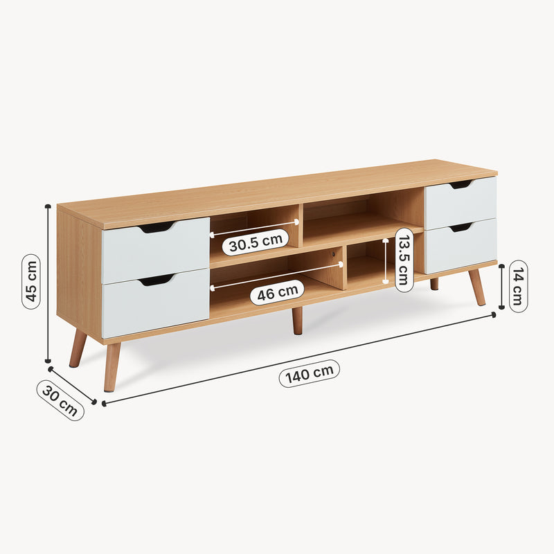 Maßskizze Fernsehschrank Bordkak 140x30x45 cm Eicheoptik/Weiß [en.casa]