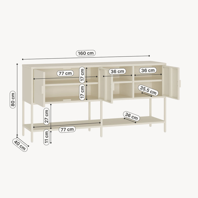 Maßskizze Sideboard Kliri Stahl 160x40x80 cm Cremeweiß [en.casa]
